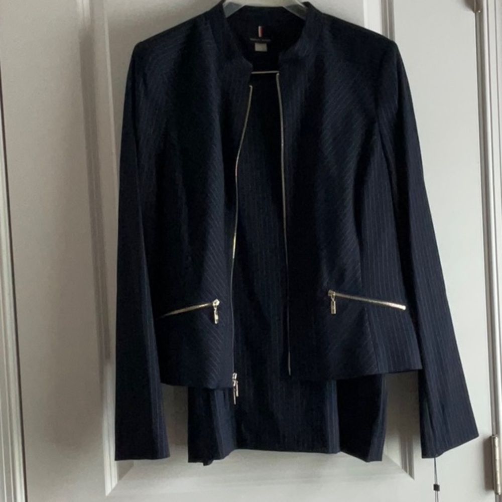 Tommy Hilfiger Black Pinstripe Skirt Suit with Sleek Modern Design